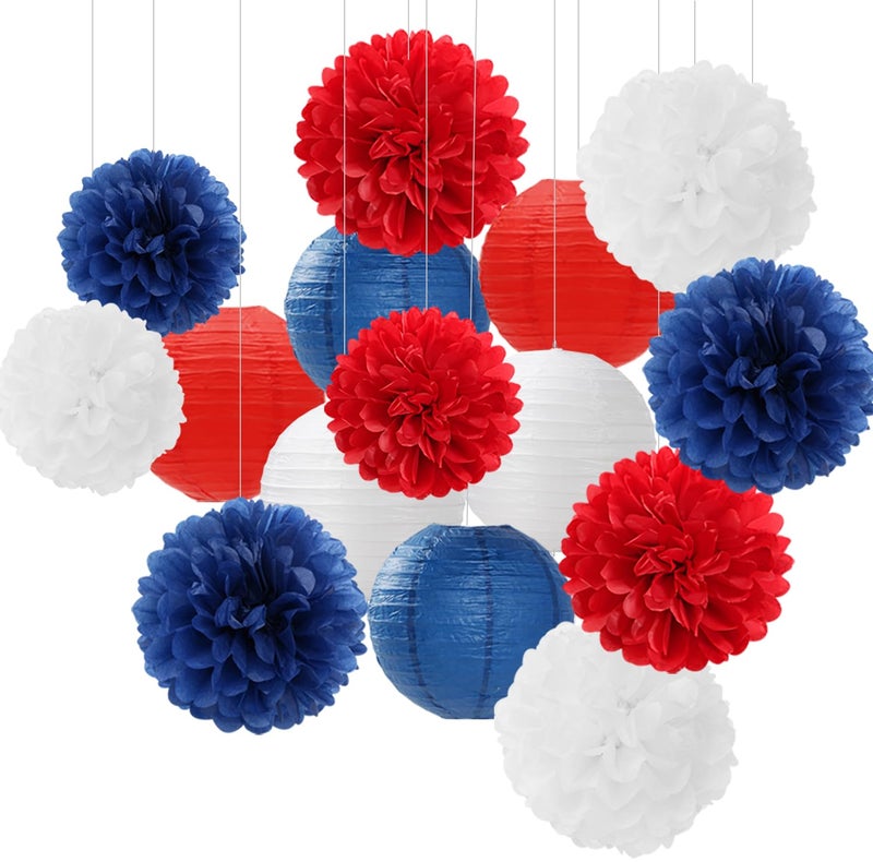 Hugfond Fourth-4th Of July Imemorial-Day Party-Decorations - 15pcs Red White Blue Paper-Flowers Lanterns,Patriotic Graduation Tissue Pom Poms Streamers,Independence Veterans Hanging Supplies Decor Hugfond - Image 1